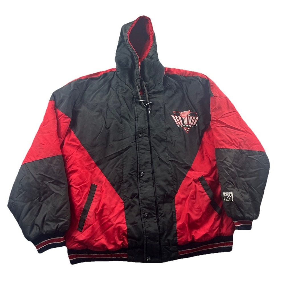 Vintage DETROIT RED WINGS Puffer Jacket Full Zip Snap Logo 7 Youth XL‎ 18-20